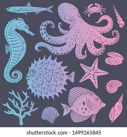 Underwater animals collection with gradient. Set of hand drawn sea creatures for prints, textile, wallpaper, childish background. Vector illustration. 