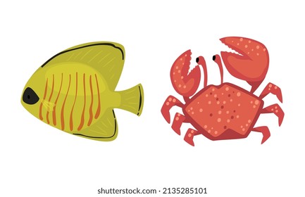 Underwater Animals with Crab and Fish Vector Set