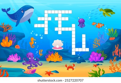 Underwater animals crossword. Quiz puzzle game with sea animals for school or preschool kindergarten kids, search english cross word find whale octopus turtle vector illustration original artwork