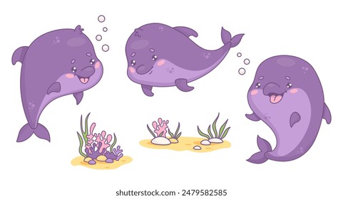 Underwater animals. Cute dolphins with sandy bottom with algae and corals. Isolated undersea funny cartoon kawaii character. Vector illustration