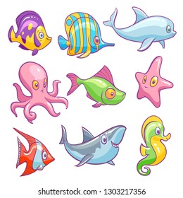 Underwater animals. Cute sea tropical fishes funny ocean underwater animal kids vector set