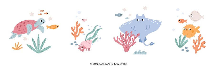 Сute underwater animals and fish in cartoon style. Ocean or sea fish, stingray, octopus, turtle, crab, shells, stars, aquatic plants. Vector children's print of the underwater world animals