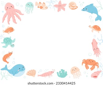 Underwater animals frame with copy space. Blank template with cute aquatic creatures in border, water bubbles. Funny crab, fish, jelly, turtle baby. Vector illustration for kids designs.