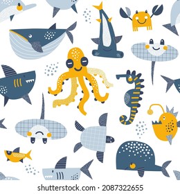 Underwater animals Hammerhead Seahorse Shark Sea turtle Stingray vector seamless pattern. Cute ocean creatures background. Scandinavian decorative childish design for nautical nursery, kids fabric.