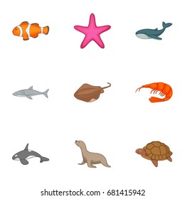 Underwater animals icons set. Cartoon set of 9 underwater animals vector icons for web isolated on white background