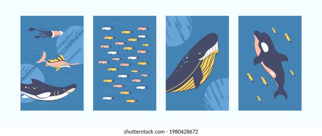 Ilustraciones de animales submarinos ambientadas en un estilo creativo. en tonos pastel. Pescado, ballena, tiburón, delfín de fondo azul. Concepto de vida subacuática para banners, diseño de sitios web