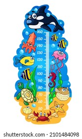 Underwater animals. Kids height chart, growth meter. Cartoon vector measurement scale with cute whale, fishes and squid, jelly fish, crab or shell with turtle and sea horse. Wall sticker for children