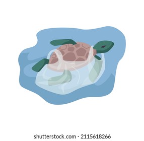 Underwater animals and marine creatures harm made by rubbish and garbage in water. Vector tortoise stuck in plastic bag, dangerous waste for sea dwellers making unable to swim and live, flat cartoon