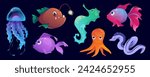 Underwater animals mega set in cartoon graphic design. Bundle elements of cute angler fish and other fishes, jellyfish, seahorse, octopus, swimming sea wildlife. Vector illustration isolated objects
