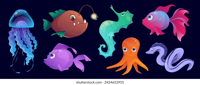 Underwater animals mega set in cartoon graphic design. Bundle elements of cute angler fish and other fishes, jellyfish, seahorse, octopus, swimming sea wildlife. Vector illustration isolated objects