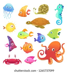 Underwater animals. Ocean sea animals fish octopus turtle seahorse vector characters