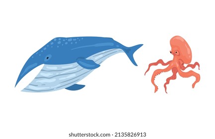 Animales submarinos con conjunto de vectores de pulpo y ballena