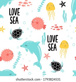 Diseño de impresión de animales submarinos. Diseño de ilustraciones vectoriales sin inconvenientes para telas de moda, gráficos textiles, impresiones.