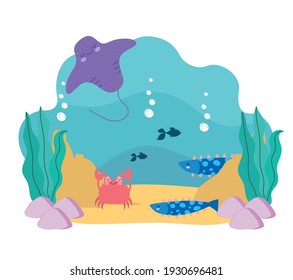 animales submarinos y escena de algas
