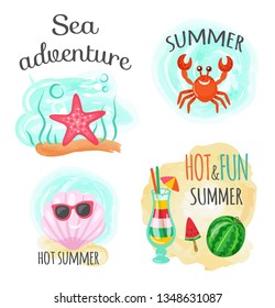 Underwater animals, sea adventure and hot summer vector. Seafish and crab, seashell in sunglasses and cocktail with straw, ice cream and watermelon