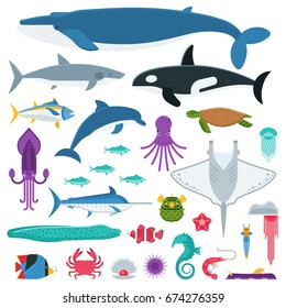 Underwater animals and sea creatures in cartoon style. Ocean and marine fishes and other aquatic life collection. Vector illustration of blue whale, devilfish, dolphin, orca, octopus, mollusks.