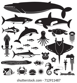 Underwater animals and sea creatures icons. Ocean and marine fishes and other aquatic life silhouette collection. Vector illustration of blue whale, devilfish, dolphin, orca, octopus, mollusks.