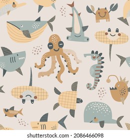 Underwater animals Seahorse Octopus Stingray Hammerhead Fish vector seamless pattern. Boho cute ocean creatures background. Scandinavian decorative childish design for nautical nursery kids fabric.