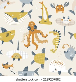 Underwater animals Seahorse Octopus Stingray Hammerhead Fish vector seamless pattern. Boho cute ocean creatures background. Scandinavian decorative childish design for nautical nursery kids fabric.