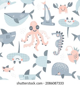 Underwater animals Seahorse Shark Hammerhead Stingray Whale vector seamless pattern. Cute ocean creatures background. Scandinavian decorative childish design for nautical nursery, navy kids fabric.