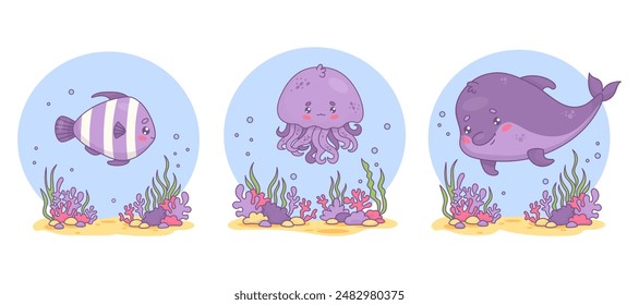 Underwater animals set. Cute dolphin, striped fish and jellyfish with sandy bottom with algae and corals. Isolated undersea funny cartoon kawaii character. Vector illustration