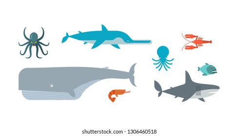 Underwater animals set. Fish saw and shark. Whale and octopus.
 

