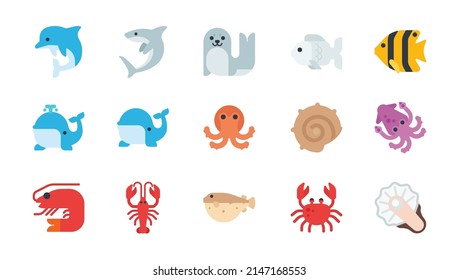 Underwater Animals Set. Fishes and Seafood Icon Collection