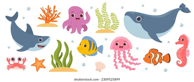 Underwater animals set. Shark, dolphin, octopus and seahorse. Biology and fauna, wild life. Representatives of underwater world, fish. Cartoon flat vector collection isolated on white background