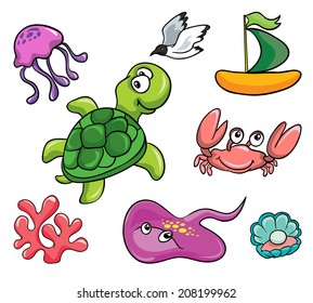 underwater animals, set, vector illustration on white background