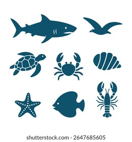 Underwater Animals Silhouettes icons, marine life, shark seagull turtle crab shell starfish fish and lobster vector illustration