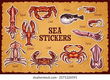 Underwater animals stickers pack. Vector patches with hand drawn retro style sea creatures include crab, shrimp, lobster, squid and fugu on the old rugged parchment background. Marine and ocean life