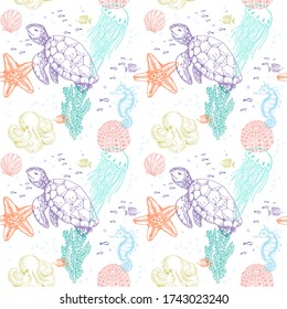 Underwater animals - turtle, starfish, octopus, jellyfish. Seamless vector pattern with outline illustrations