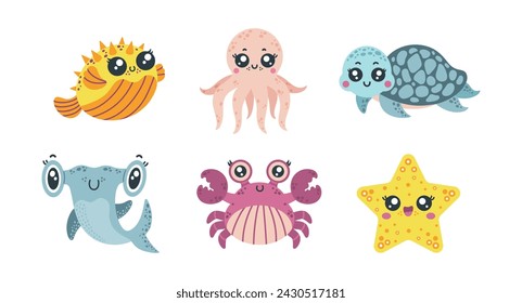 Underwater animals vector set. Friendly crab, baby shark, cute turtle, smiling starfish, funny puffer fish and octopus. Ocean characters, aquarium pets. Colorful cartoon clipart for children, kids