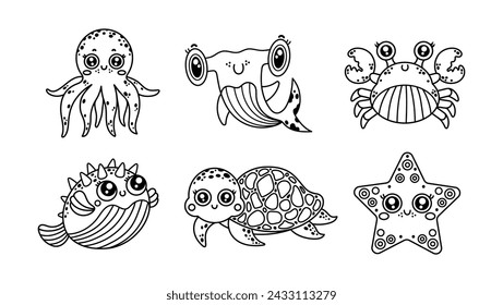 Underwater animals vector set. Friendly crab, baby shark, smiling starfish, funny turtle and octopus, puffer fish. Ocean characters, aquarium pets. Simple doodle, comic coloring book for kids, babies