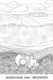 Underwater antique divers helmet and sea bottom. Coloring pages for adult in zenart style. Antistress relax coloring page with marine element. Vector illustration