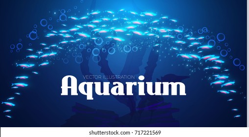 Underwater, Aquarium Background. Neon Fishes, Seaweed, Bubbles and Rocks. Undersea. Magic Game Backdrop with Shine Effect. Vector illustration