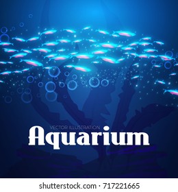 Underwater, Aquarium Background. Neon Fishes, Seaweed, Bubbles and Rocks. Undersea. Magic Game Backdrop with Shine Effect. Vector illustration
