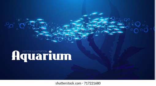 Underwater, Aquarium Background. Neon Fishes, Seaweed, Bubbles and Rocks. Undersea. Magic Game Backdrop with Shine Effect. Vector illustration