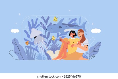 Underwater aquarium, family looking ocean animals fish in marine zoo. Mother and daughter study sea life vector illustration. Aquarium, marine flora and fauna, underwater fish and sea animals.