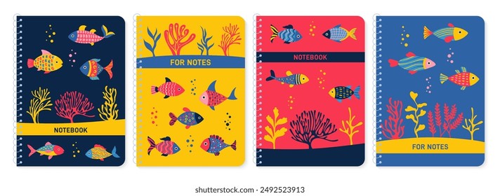 Underwater or aquarium fish design notebook cover set. Cartoon nautical fish with ocean coral reef for planner, brochure, book, catalog. Decorative notepad layout page print template vector poster