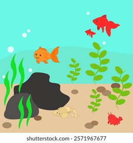 Underwater Aquarium life with cute animals. Goldfish, red fishes, crayfish and shrimp. Simple flat design.	