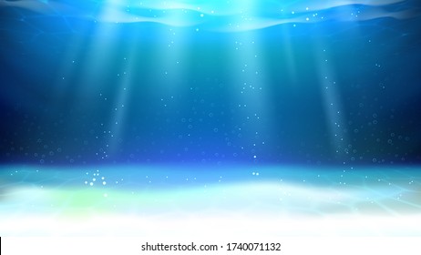 Underwater Aquarium Sunlight And Bubbles Vector. River Underwater Illuminated Bottom, Rippled And Reflection Water. Tranquil Waterscape Scene With Shine Light Rays Template Realistic 3d Illustration