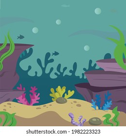 Underwater Aquatic Scene with Cute Adorable Fishes Water Corals Plants Rocks Sand. Ocean Background Scene. Underwater Elements Set. Kids Book Fishes Illustration Hand Drawn. Fishes undersea. Aquarium.