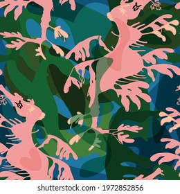 Underwater art of ocean sea with pink seahorse in seaweed reef. Camouflage repeating seamless pattern for print, fabric, background. Spots, colorful, green, blue. Vector illustration, banner, EPS10
