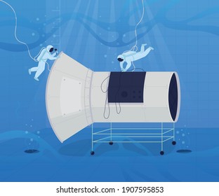 Underwater astronaut training flat color vector illustration. Complex process of preparing astronauts in regions around the world 2D cartoon characters with special measurement scales on background