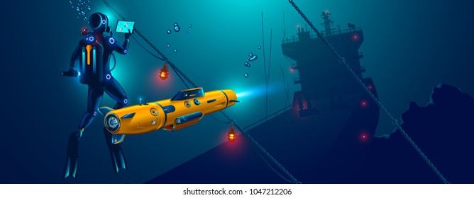 Underwater autonomous robot exploration sea floor. Underwater drone with diver explorat the place shipwreck of ship.