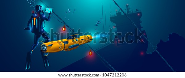 Underwater autonomous robot exploration sea floor. Underwater drone with diver explorat the place shipwreck of ship.