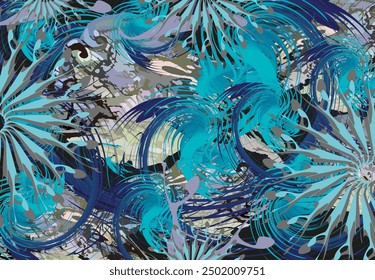 Underwater backdrop in dark tones for textiles or covers. The underwater world of the ocean with its inhabitants is an abstract camouflage background for business ideas or prints, fashion, tiles, etc.