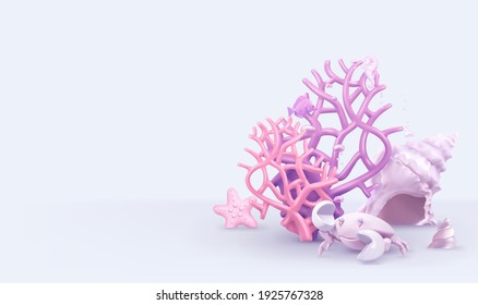Underwater background. 3d vector objects coral, starfish, shells, crab. Greeting card, poster, banner, flyer