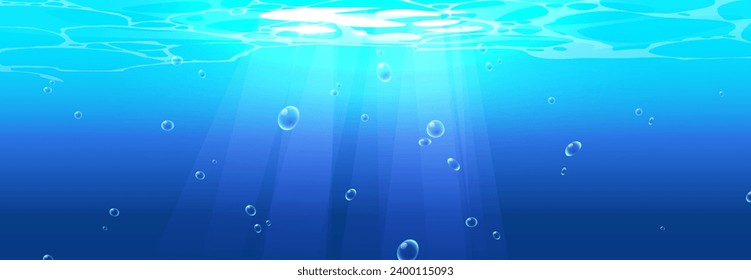 Underwater background with air bubbles. Vector cartoon illustration of blue fizzy water texture, sunlight rays penetrating ocean or sea surface with rippling waves, aquarium or swimming pool design